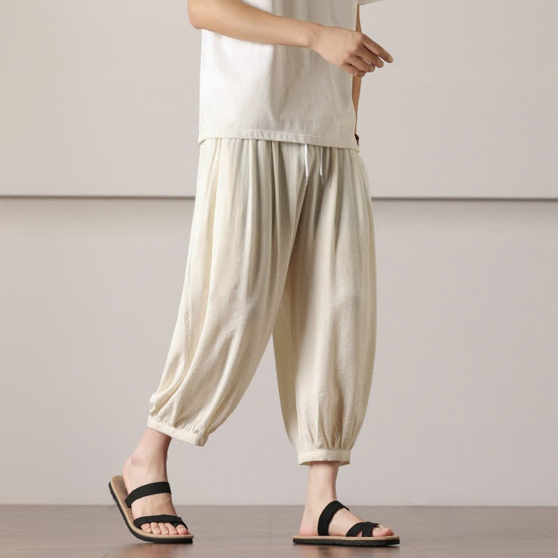 Buddha Stones Summer Casual Minimalist Drawstring Solid Capri Pants Men's Harem Pants With Pocket - image 13
