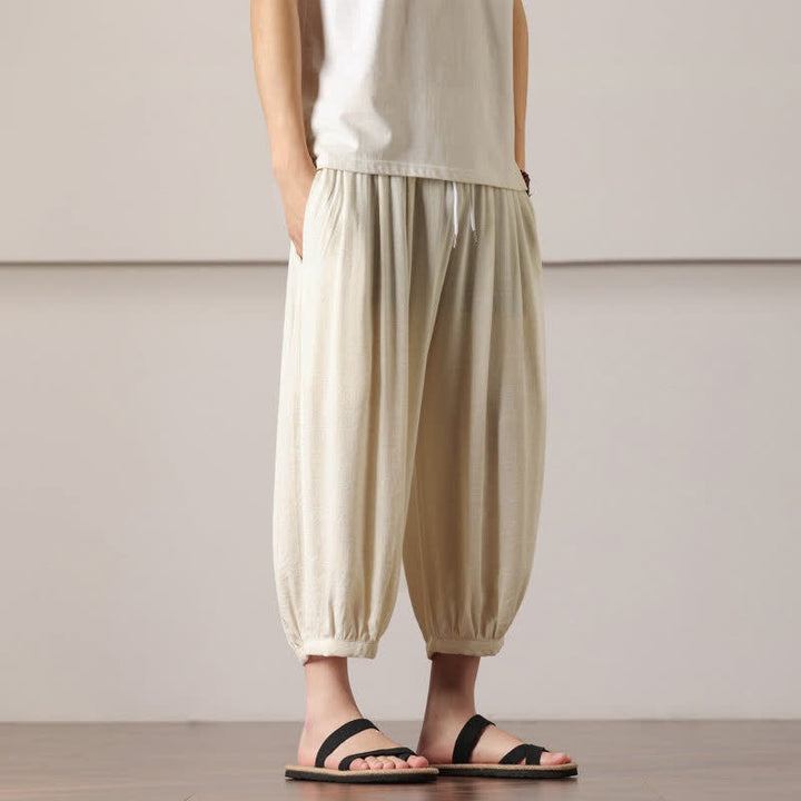 Buddha Stones Summer Casual Minimalist Drawstring Solid Capri Pants Men's Harem Pants With Pocket - image 11