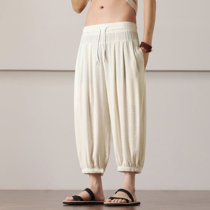 Buddha Stones Summer Casual Minimalist Drawstring Solid Capri Pants Men's Harem Pants With Pocket - image 9