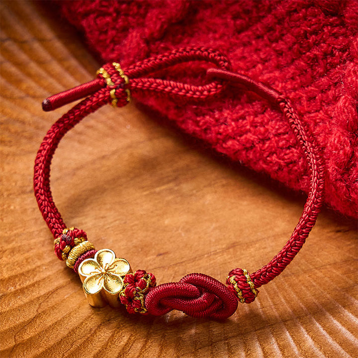 Buddha Stones Flower Braided Rope Knot Adjustable Bracelet - Dark Red With Flower Accessory - image 0