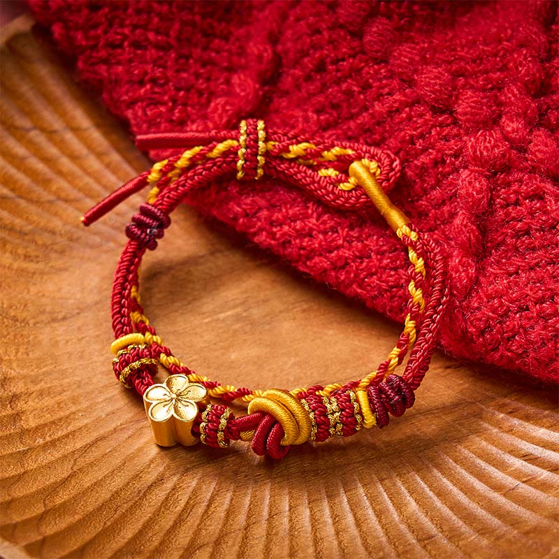 Buddha Stones Flower Braided Rope Knot Double Wrap Adjustable Bracelet - Red With Flower Accessory - image 0