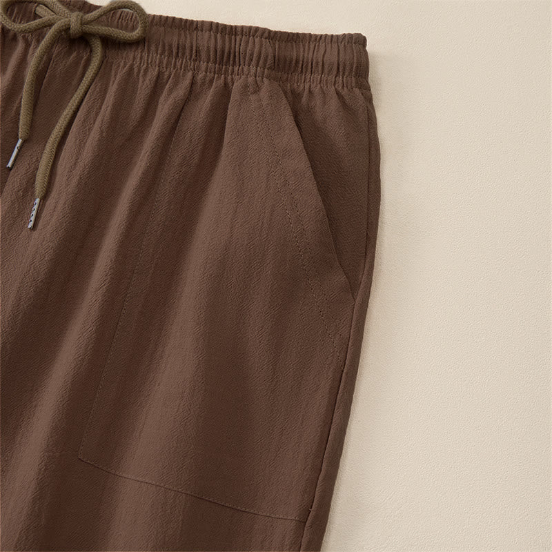 Buddha Stones Summer Casual Drawstring Solid Capri Pants Men's Straight Leg Pants With Pockets - image 4