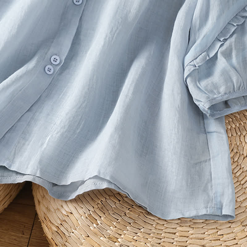 Buddha Stones Summer Casual Vintage Light Blue Embroidery Button-Up Solid Women's Elbow-Length Sleeve Shirts - image 7