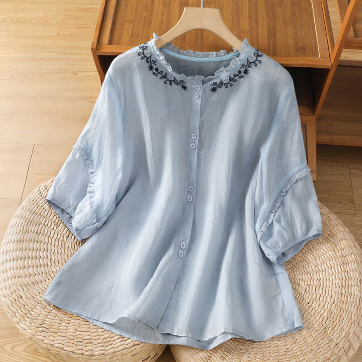 Buddha Stones Summer Casual Vintage Light Blue Embroidery Button-Up Solid Women's Elbow-Length Sleeve Shirts - LightSteelBlue - US8-10，UK/AU12-14，EU40-42 (2XL) - image 0