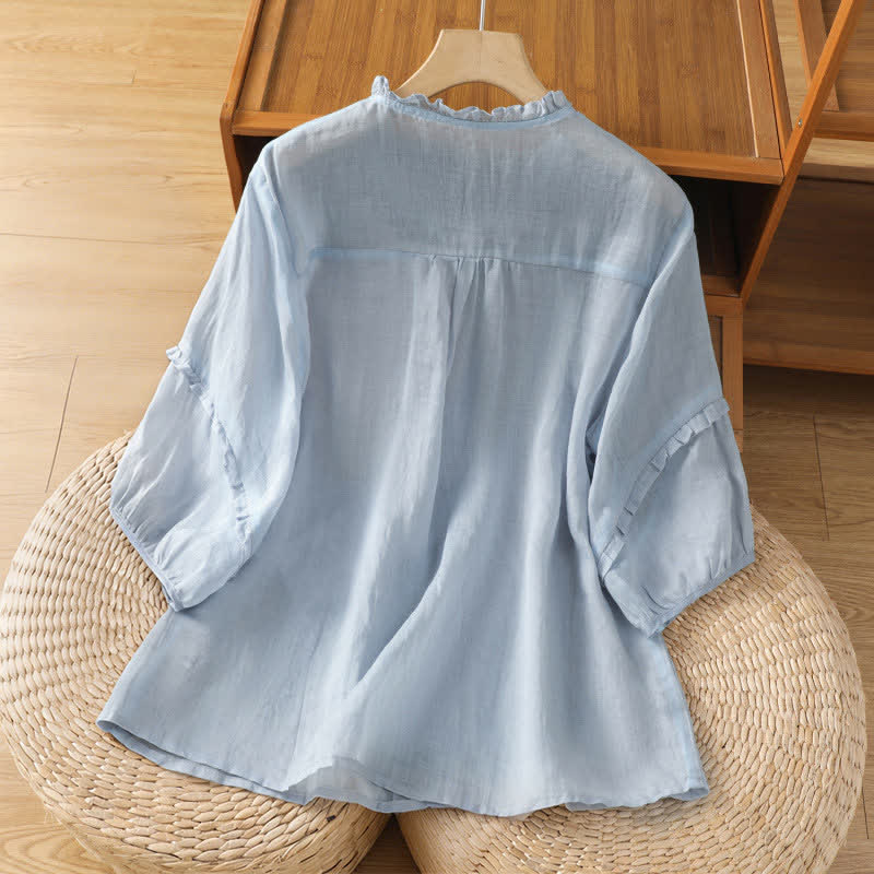 Buddha Stones Summer Casual Vintage Light Blue Embroidery Button-Up Solid Women's Elbow-Length Sleeve Shirts - image 1