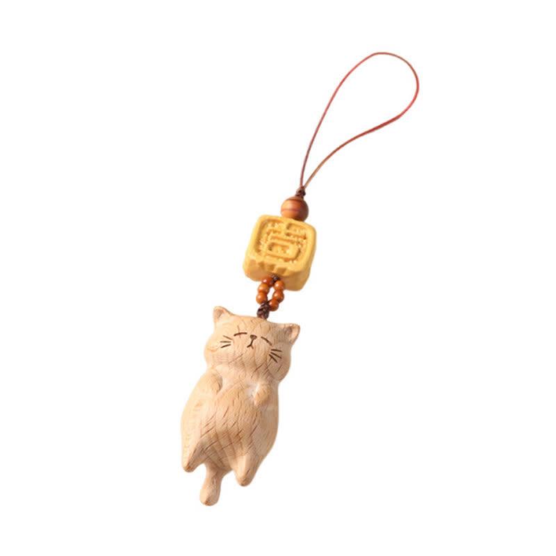 Buddha Stones Beech Wood Hand Carved Lucky Cat Phone Hanging Decoration - image 11