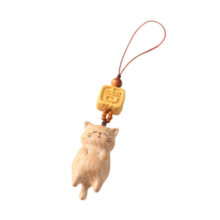 Buddha Stones Beech Wood Hand Carved Lucky Cat Phone Hanging Decoration - image 11