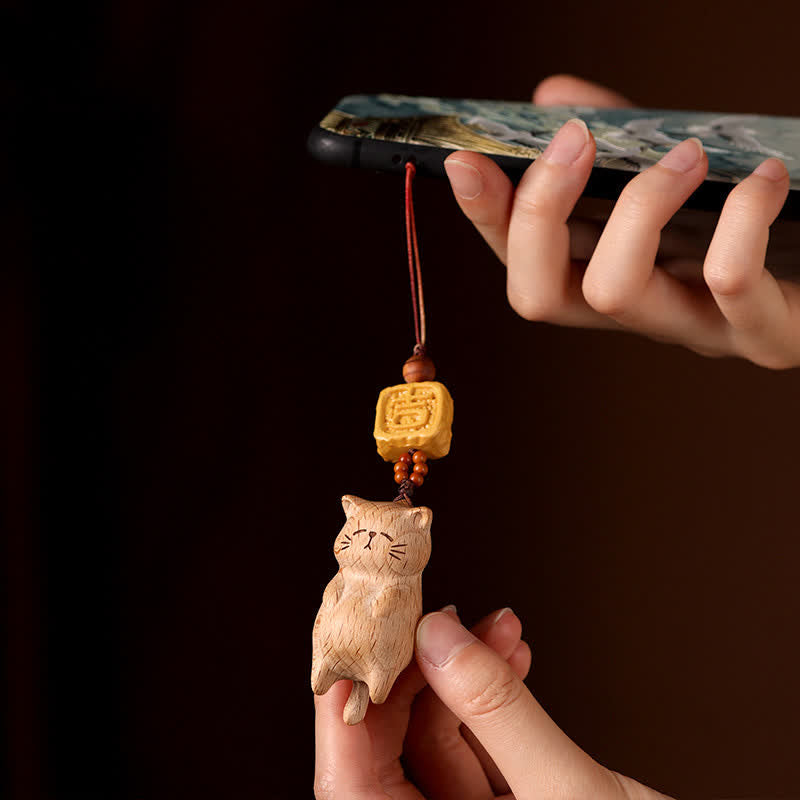 Buddha Stones Beech Wood Hand Carved Lucky Cat Phone Hanging Decoration - image 1