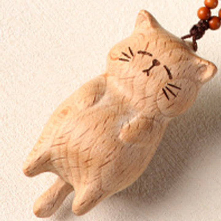 Buddha Stones Beech Wood Hand Carved Lucky Cat Phone Hanging Decoration - image 8
