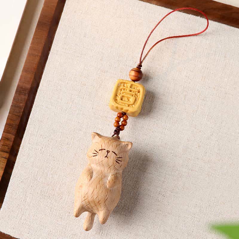 Buddha Stones Beech Wood Hand Carved Lucky Cat Phone Hanging Decoration - image 2