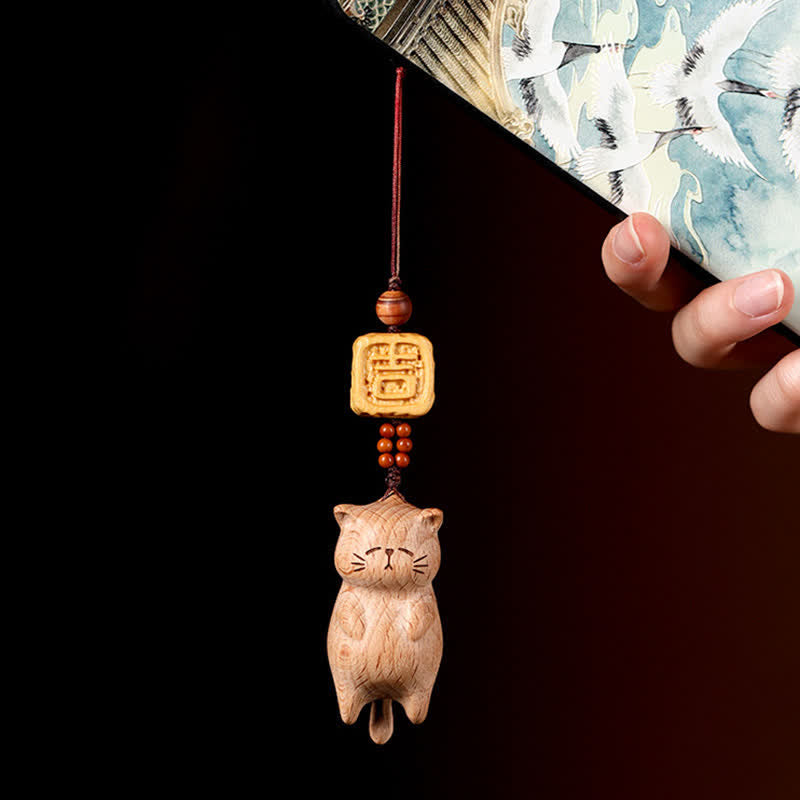 Buddha Stones Beech Wood Hand Carved Lucky Cat Phone Hanging Decoration - Beech Wood (Clarity ♥ Grounding Energy) - image 0