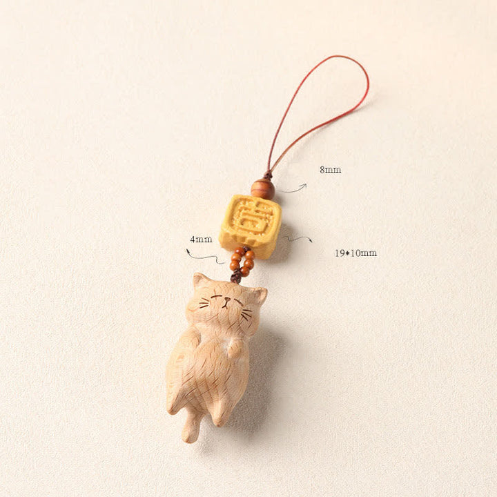 Buddha Stones Beech Wood Hand Carved Lucky Cat Phone Hanging Decoration - image 6