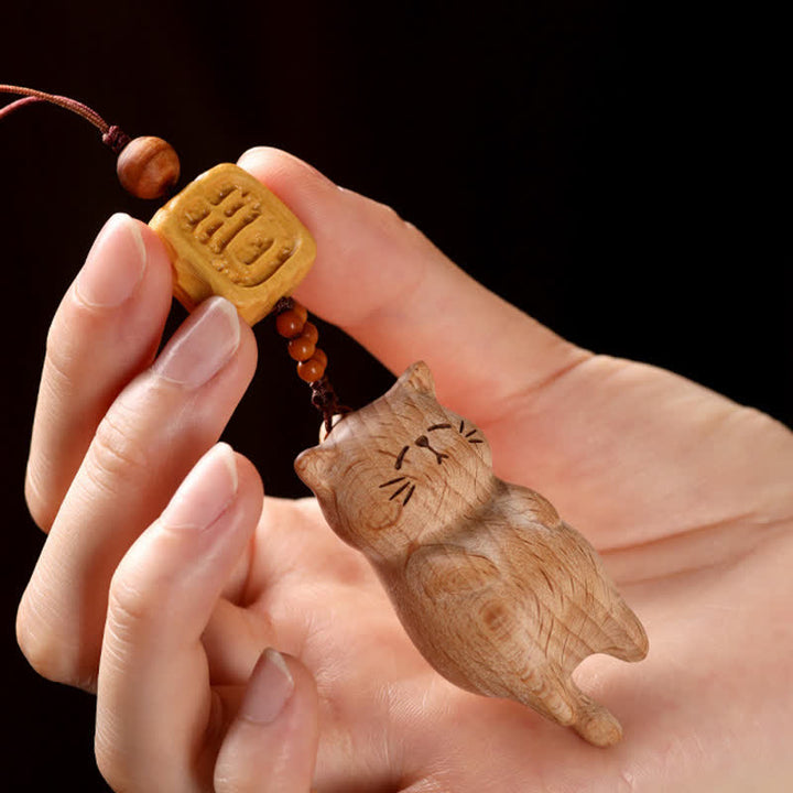 Buddha Stones Beech Wood Hand Carved Lucky Cat Phone Hanging Decoration - image 4