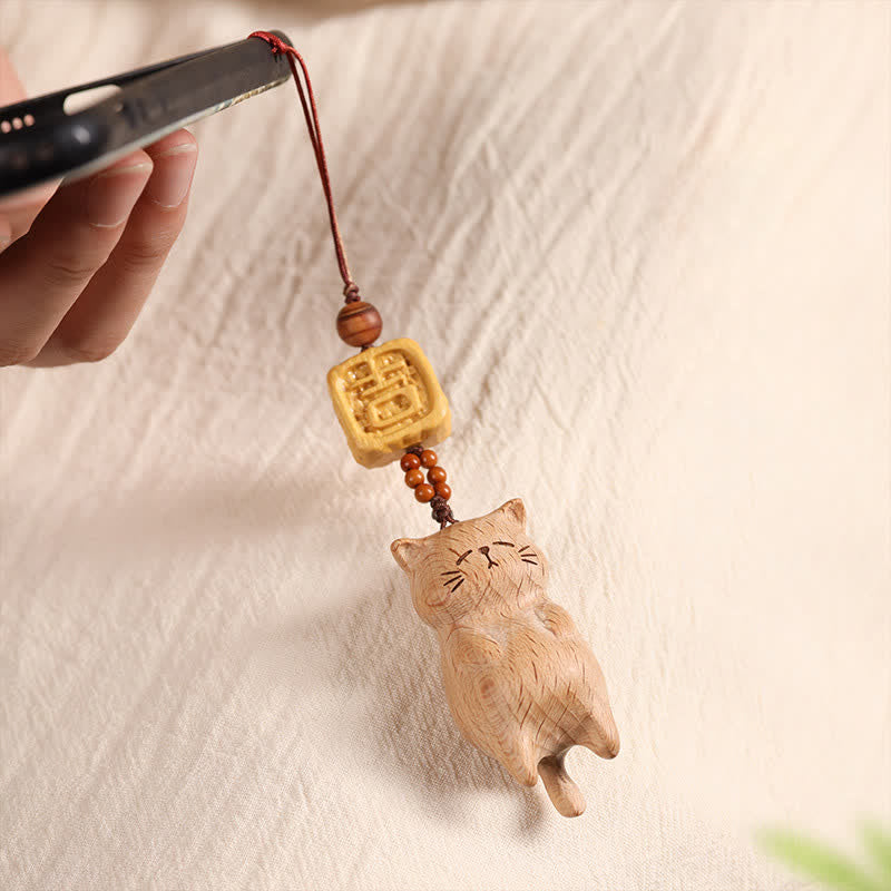 Buddha Stones Beech Wood Hand Carved Lucky Cat Phone Hanging Decoration - image 3