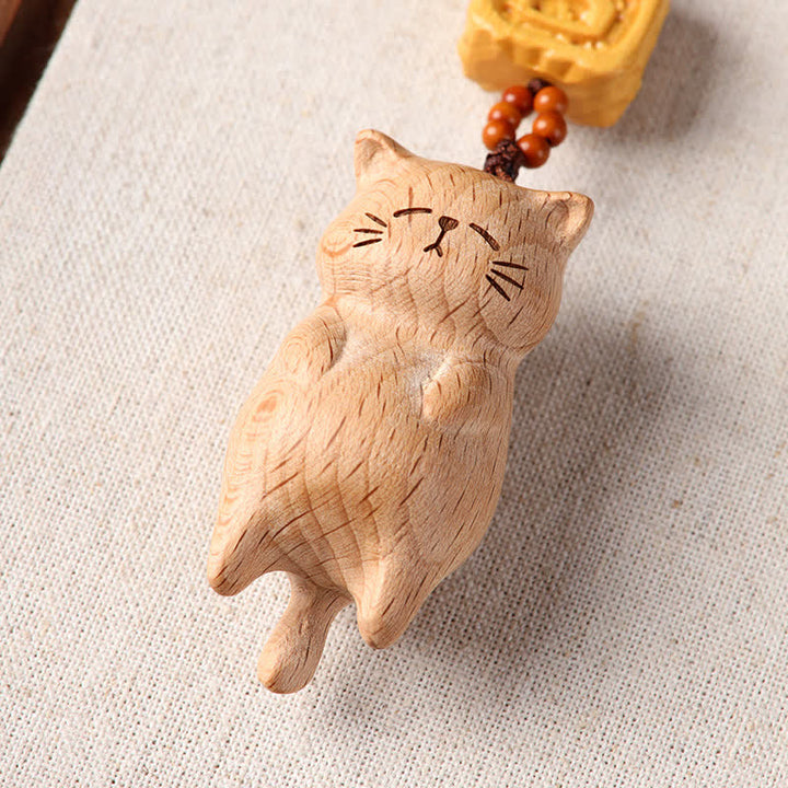 Buddha Stones Beech Wood Hand Carved Lucky Cat Phone Hanging Decoration - image 7