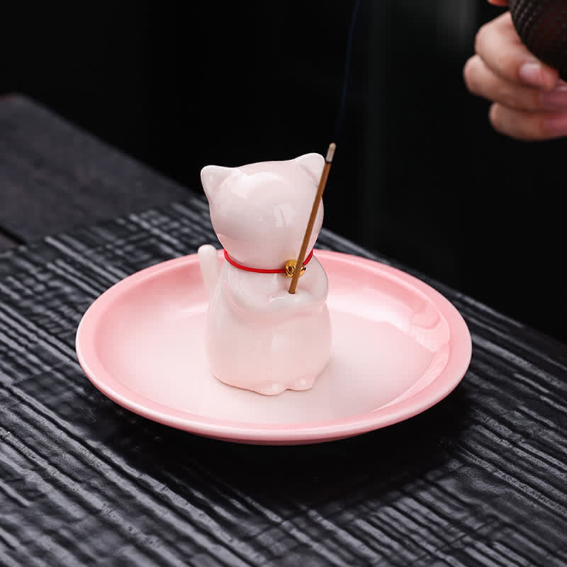 Buddha Stones Ceramic Kawaii Cat Incense Burner with Ash Catching Tray Without Incense - image 2