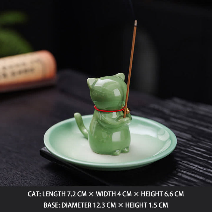 Buddha Stones Ceramic Kawaii Cat Incense Burner with Ash Catching Tray Without Incense - Green - Without Incense - image 18