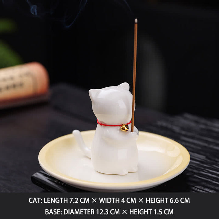 Buddha Stones Ceramic Kawaii Cat Incense Burner with Ash Catching Tray Without Incense - White - Without Incense - image 14