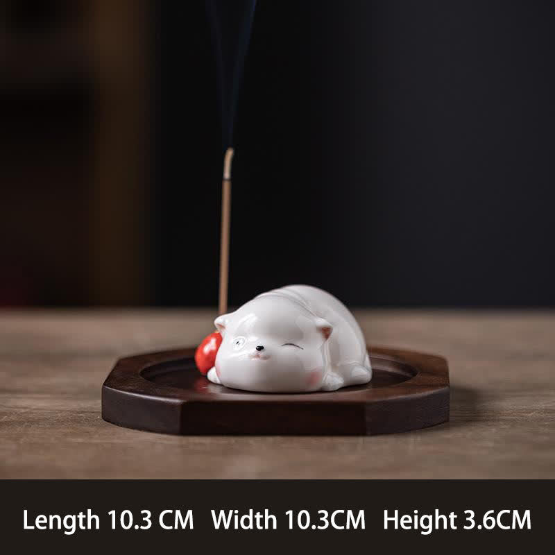 Buddha Stones Minimalist White Ceramic Cat Incense Burner with Pompom Without Incense - Red With Base - image 17