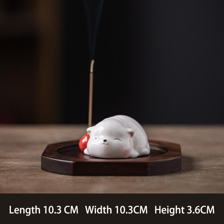 Buddha Stones Minimalist White Ceramic Cat Incense Burner with Pompom Without Incense - Red With Base - image 17