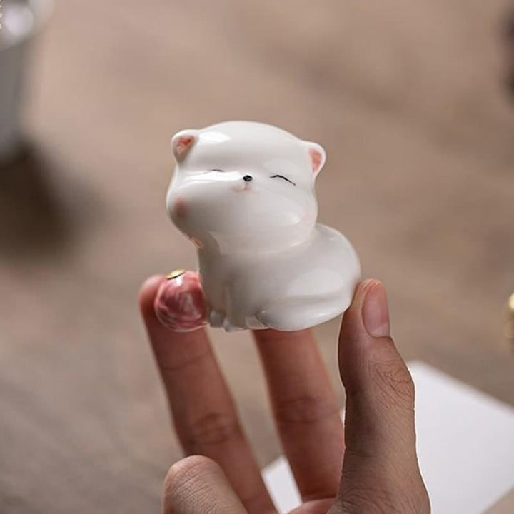 Buddha Stones Minimalist White Ceramic Cat Incense Burner with Pompom Without Incense - image 10