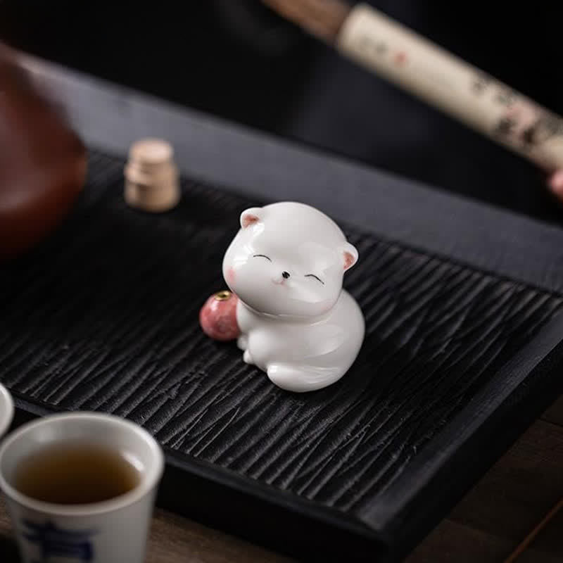 Buddha Stones Minimalist White Ceramic Cat Incense Burner with Pompom Without Incense - image 7