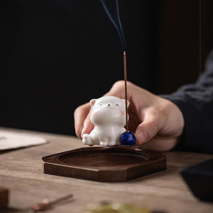 Buddha Stones Minimalist White Ceramic Cat Incense Burner with Pompom Without Incense - image 15