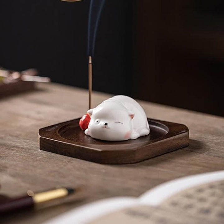 Buddha Stones Minimalist White Ceramic Cat Incense Burner with Pompom Without Incense - image 19