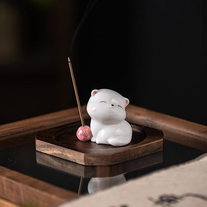Buddha Stones Minimalist White Ceramic Cat Incense Burner with Pompom Without Incense - image 3