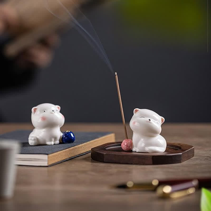 Buddha Stones Minimalist White Ceramic Cat Incense Burner with Pompom Without Incense - image 20