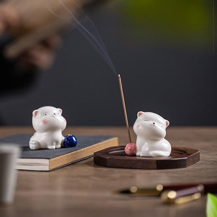 Buddha Stones Minimalist White Ceramic Cat Incense Burner with Pompom Without Incense - image 20