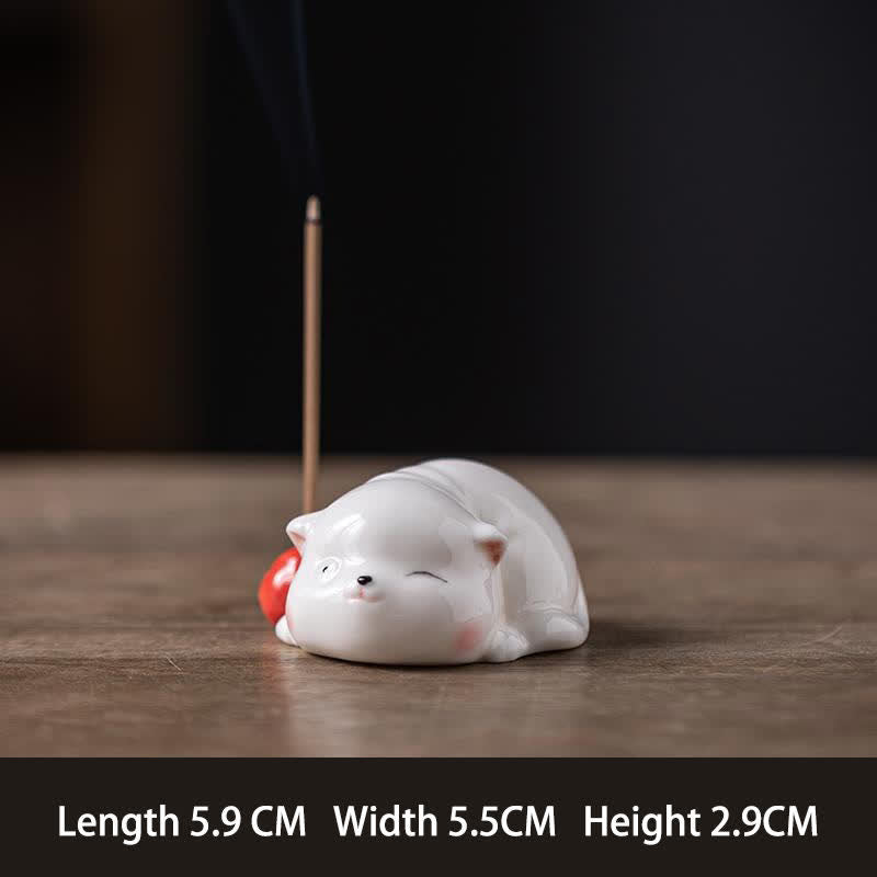 Buddha Stones Minimalist White Ceramic Cat Incense Burner with Pompom Without Incense - Red No Base - image 18