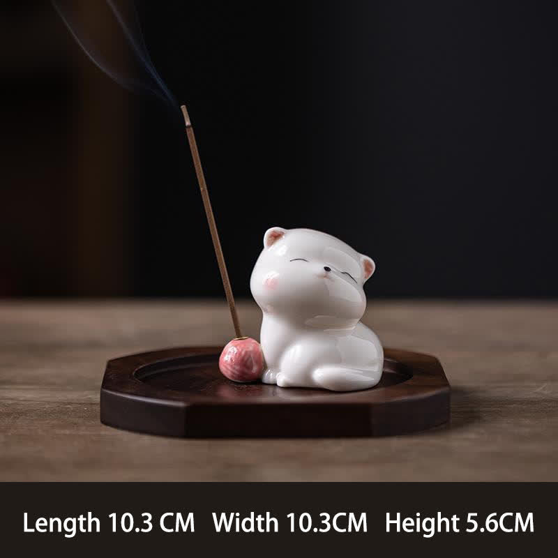Buddha Stones Minimalist White Ceramic Cat Incense Burner with Pompom Without Incense - Pink With Base - image 1