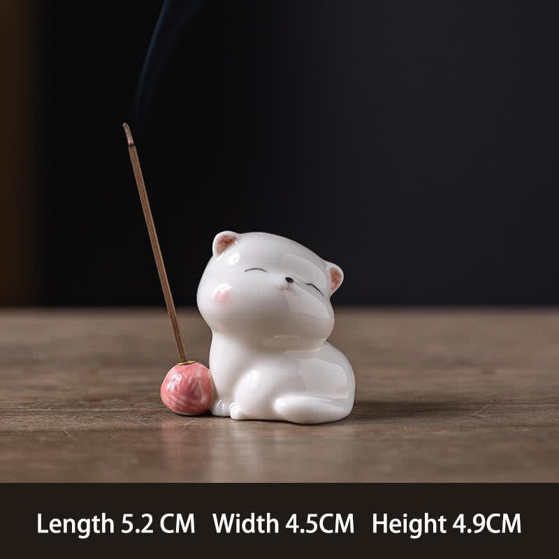Buddha Stones Minimalist White Ceramic Cat Incense Burner with Pompom Without Incense - Pink No Base - image 8