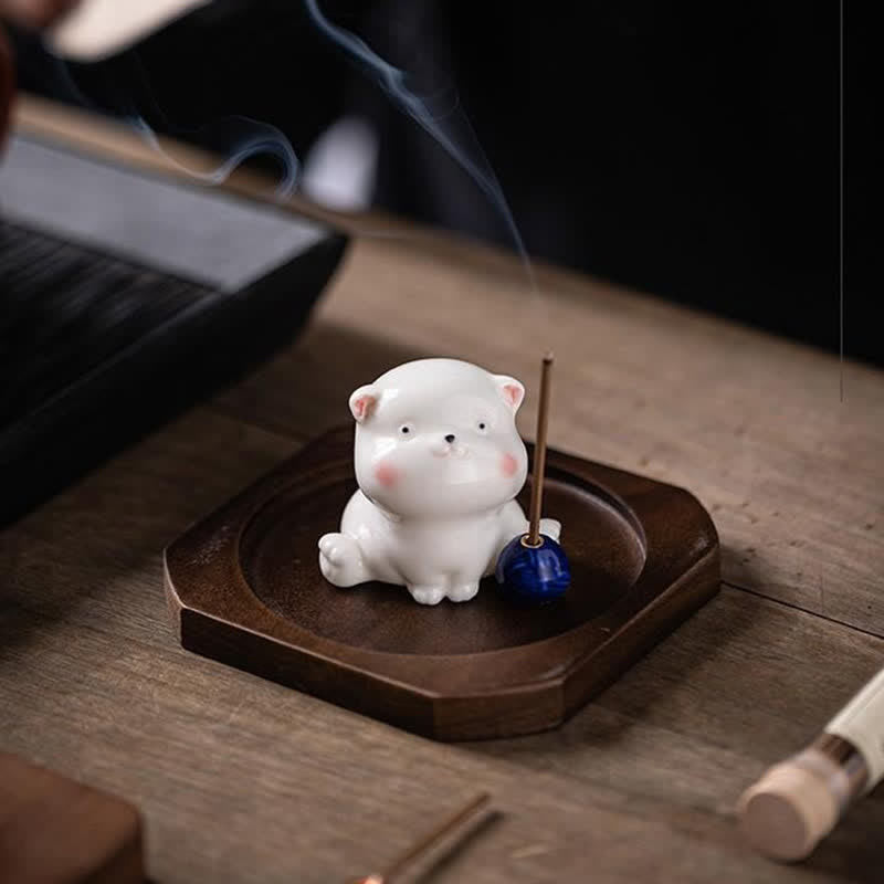 Buddha Stones Minimalist White Ceramic Cat Incense Burner with Pompom Without Incense - image 14
