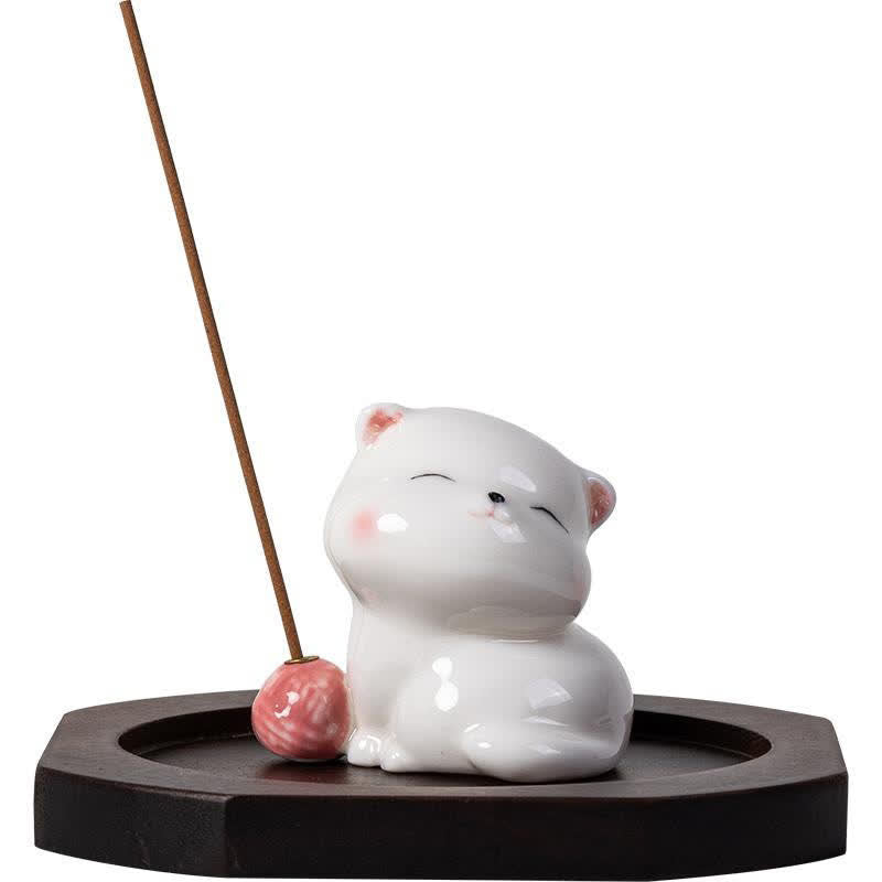 Buddha Stones Minimalist White Ceramic Cat Incense Burner with Pompom Without Incense - image 6