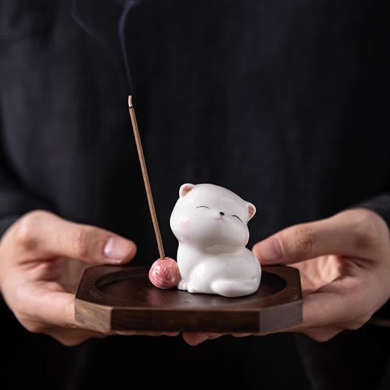 Buddha Stones Minimalist White Ceramic Cat Incense Burner with Pompom Without Incense - image 4