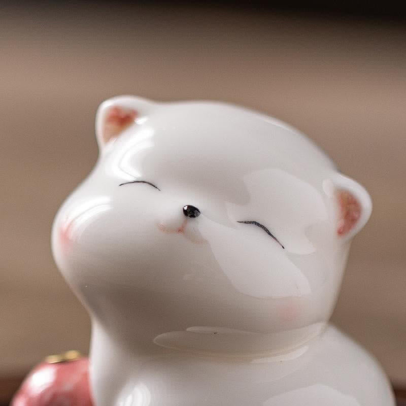 Buddha Stones Minimalist White Ceramic Cat Incense Burner with Pompom Without Incense - image 11