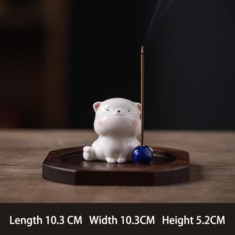 Buddha Stones Minimalist White Ceramic Cat Incense Burner with Pompom Without Incense - Blue With Base - image 13