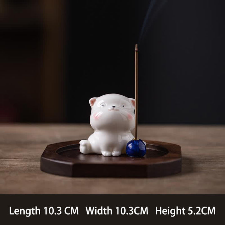 Buddha Stones Minimalist White Ceramic Cat Incense Burner with Pompom Without Incense - Blue With Base - image 13