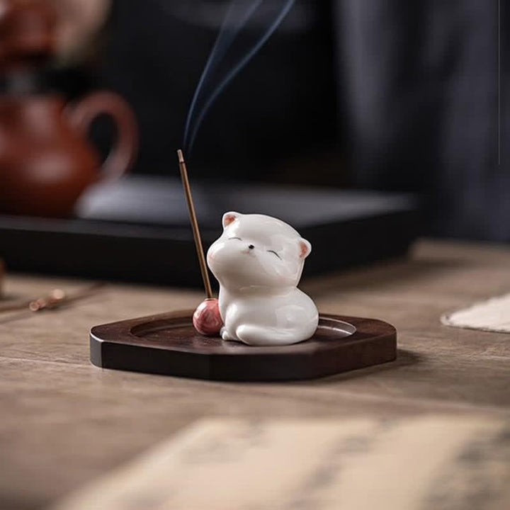 Buddha Stones Minimalist White Ceramic Cat Incense Burner with Pompom Without Incense - image 2