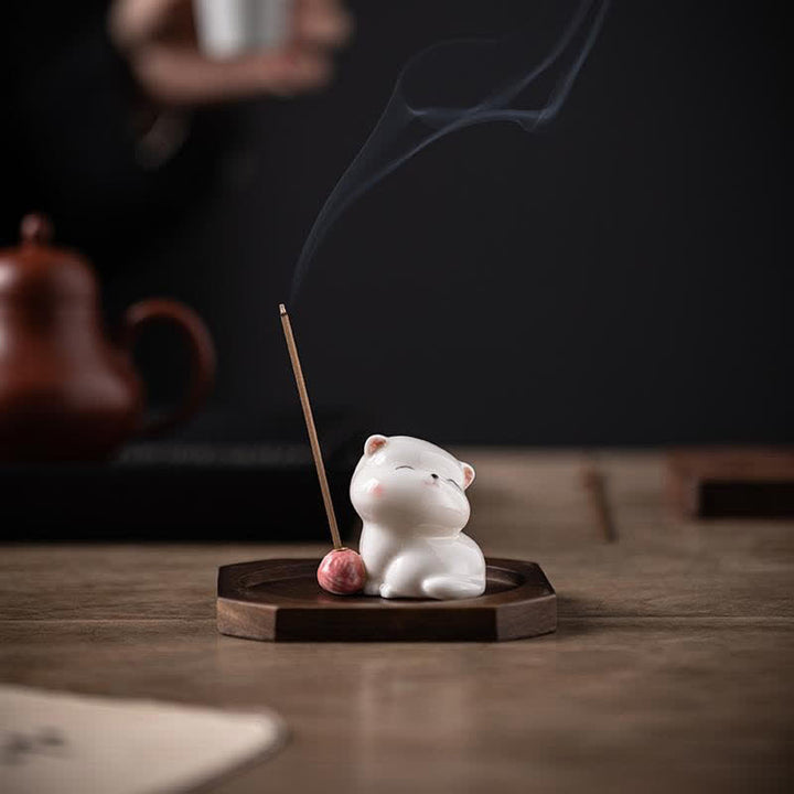 Buddha Stones Minimalist White Ceramic Cat Incense Burner with Pompom Without Incense - image 0