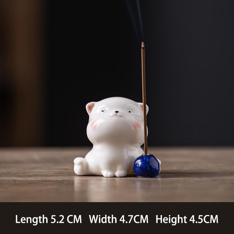 Buddha Stones Minimalist White Ceramic Cat Incense Burner with Pompom Without Incense - Blue No Base - image 16