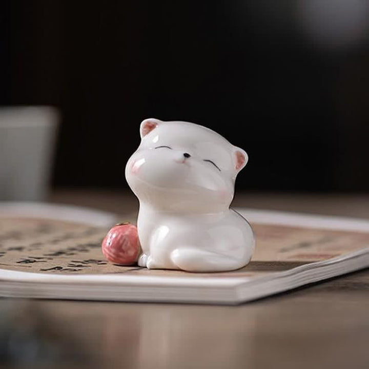 Buddha Stones Minimalist White Ceramic Cat Incense Burner with Pompom Without Incense - image 9