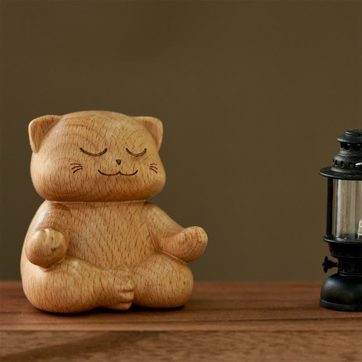 Buddha Stones Wood Meditating Cat Enlightenment Hand Carved Cute Animal Decor - image 3