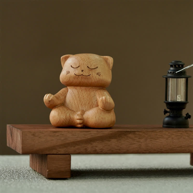 Buddha Stones Wood Meditating Cat Enlightenment Hand Carved Cute Animal Decor - image 2
