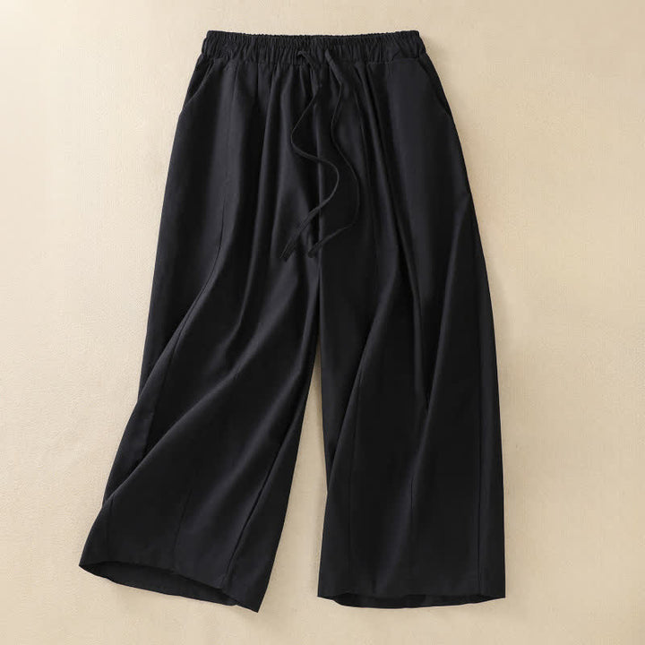 Buddha Stones Summer Casual Minimalist Drawstring Solid Women's Cropped Pants With Pockets - Black - US12, UK/AU16, EU44 (2XL) - image 2