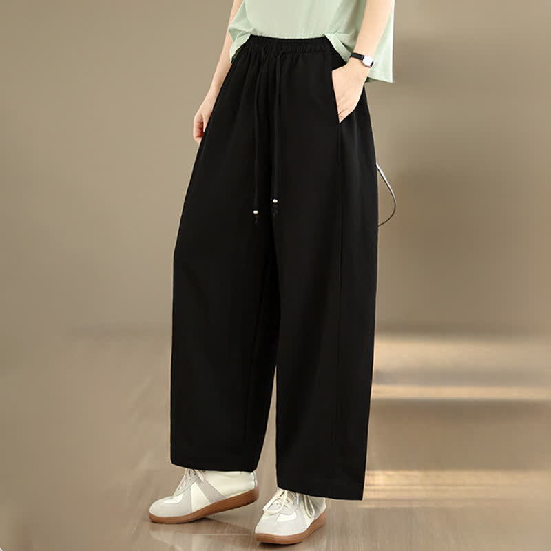 Buddha Stones Summer Casual Drawstring Solid Cropped Pants Women's Wide Leg Pants With Pockets - image 8