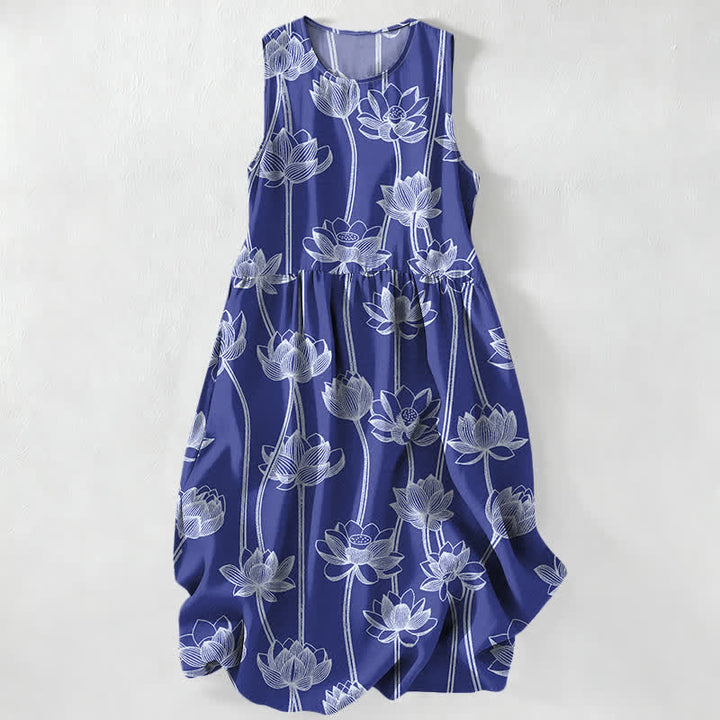 Buddha Stones Summer Casual Lotus Line Art Pattern Women's Summer Sleeveless Midi Dress With Pockets - RoyalBlue - US16，UK/AU20，EU48 (3XL) - image 0