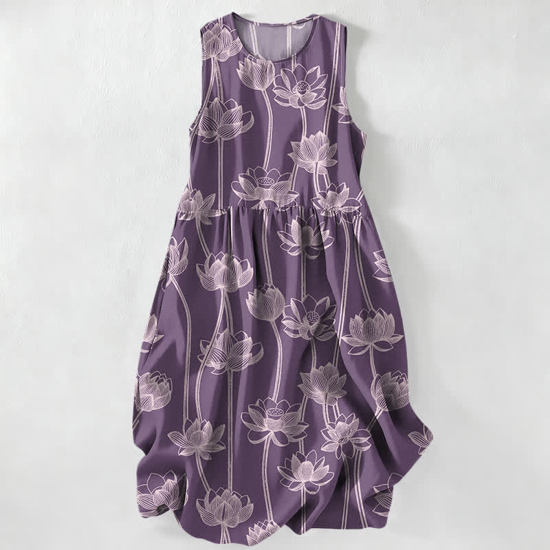 Buddha Stones Summer Casual Lotus Line Art Pattern Women's Summer Sleeveless Midi Dress With Pockets - Plum - US16，UK/AU20，EU48 (3XL) - image 4